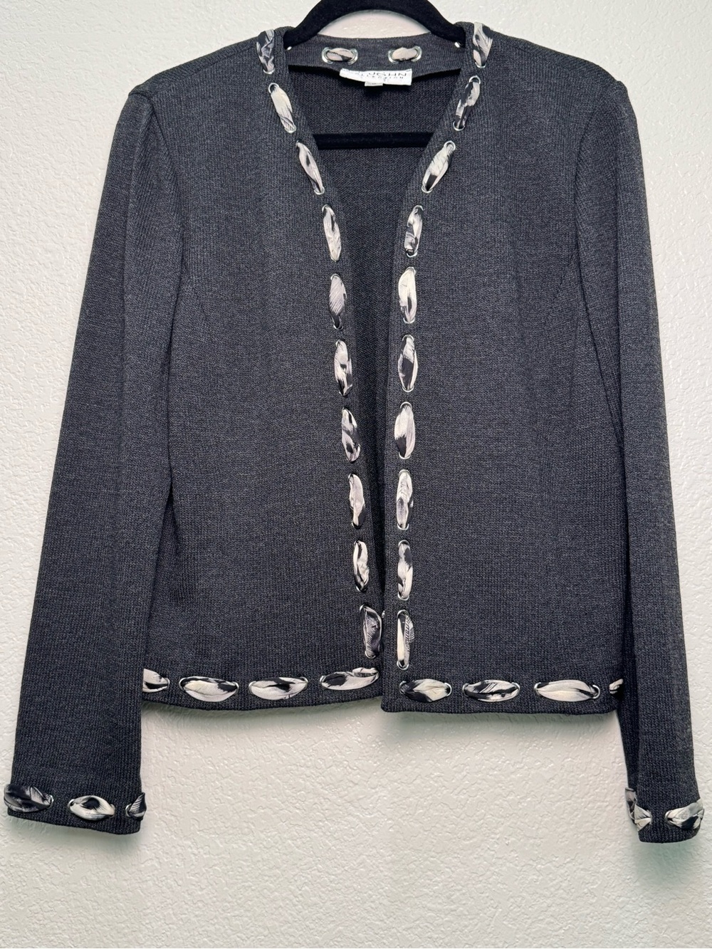 St John Collection Jacket 10 Charcoal Knit Ribbon Grommet Trim USA Fall 2008